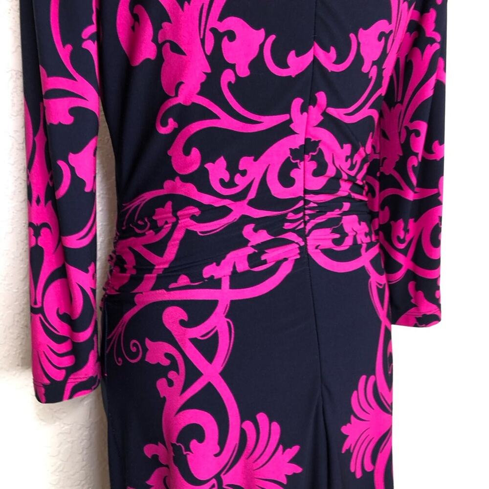 David Meister navy blue pink floral scroll v neck midi dress size 8 - Picture 15 of 16